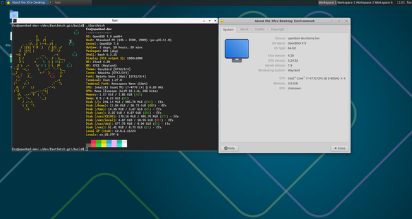 Screenshot of a XFCE desktop environment with Wayland on OpenBSD